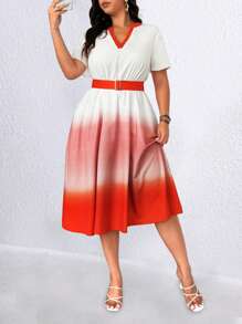 SHEIN Clasi Plus Size Women Ombre Print Cut-Out Neck Contrast Color Short Sleeve Elegant Dress - Multicolor - View 6