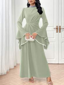 Veilorie Women's Solid Color Long Sleeve Arabic Style Dress, Casual & Fashionable For Daily Wear Long Evening Dresses