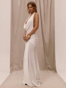 MUSERA Elegant Boho Romantic Halterneck Extreme Plunge Front Cowl Neck Wrap Drape Front Loose Fit Maxi Dress For Spring Summer Vacation Holiday Beachwear Ibiza,Summer Dresses For Women Beach Night Out Wedding Guest, Elegant, Date Night, , Halloween, Fall, Winter Party  Chic - Cream - View 2