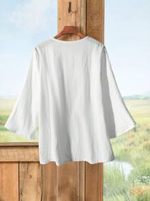 SHEIN PETITE CURVE Plus Size Vacation Casual Solid Color Lace Patchwork Blouse - White - View 2