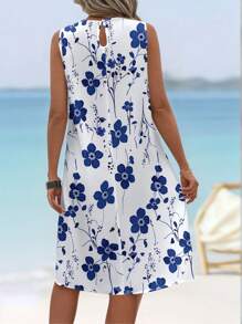Sylviya Casual Printed Sleeveless Round Neck A-Line Dress, Suitable For Summer,Bohemia Chic Dress - Blue and White - View 5