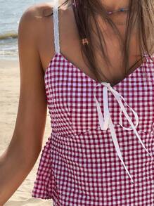 SHEIN Bubbli Áo hai dây kẻ caro viền bèo nhún phía trước dành cho nữ - Nhiều màu - Xem 4