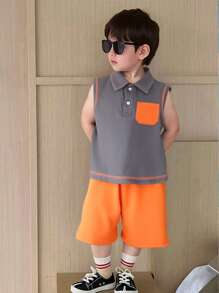 SHEIN 2 Teile Set für Baby Jungen/Mädchen, bestehend aus kontrastfarbigem gestricktem weichem ärmellosen Top und Shorts mit Gummibund