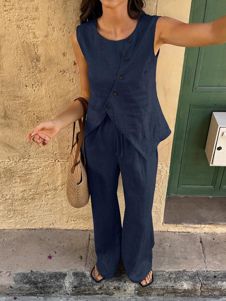 Selianne 2pcs/Set Women Linen Vacation Style Asymmetrical Button Decor Round Neck Sleeveless Top And Drawstring Elastic Waist Loose Pants - Navy Blue - View 1