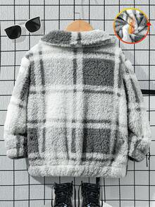 年轻男孩格子羊毛休闲拉链黑白格纹冬季外套，休闲服装 - 黑與白 - 查看 2