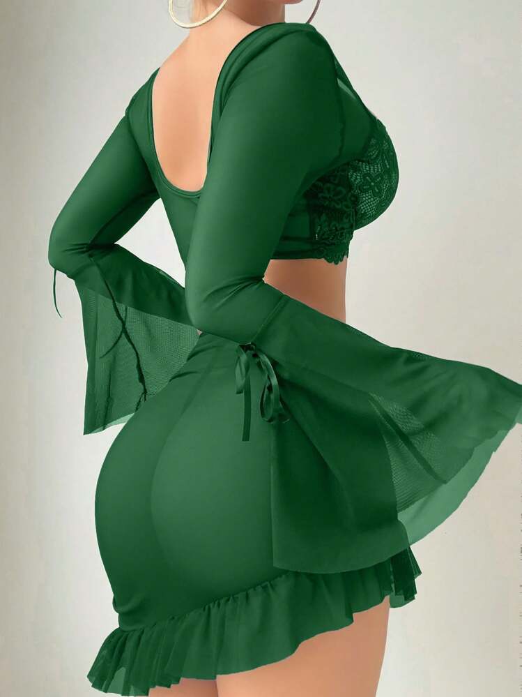 SHEIN 3pcs Set: Lace Splice Mesh Sexy Ruffle Trim Longsleve Crop Top + G-String + Ruffle Pleated Mini Skirt - Dark Green - View 2