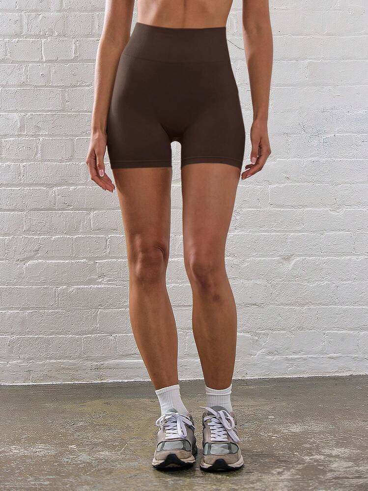 Musera Sport Pantalones cortos deportivos de cintura acanalada de unicolor para entrenamiento, verano, vacaciones, ciclismo, gimnasio, fitness, yoga, pilates y uso casual diario - Marrón Chocolate - Añade 1