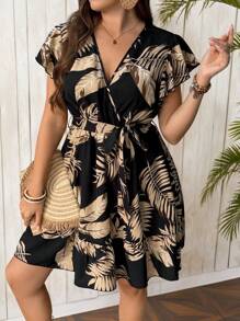 SHEIN Clasi Plus Size Casual Plant Print Vacation Dress - Black - View 4