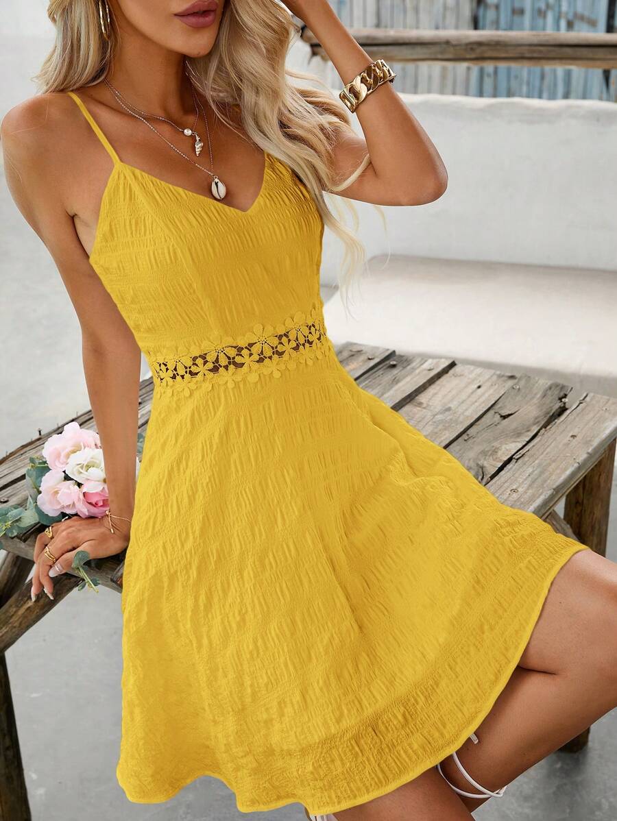 SHEIN VCAY Vacation Casual Solid Color Lace Panel Camisole Dress - Yellow - View 1