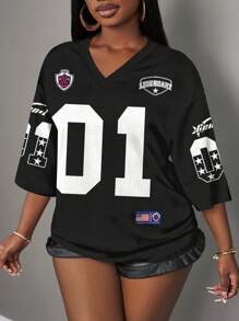 休闲简约字母与数字“01”图案女式T恤，适合夏季 - 黑色 - 查看 6