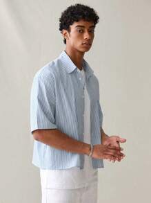 SWAVVY 男士时尚休闲条纹手写文字短袖衬衫，学校 - 淺藍色 - 查看 3