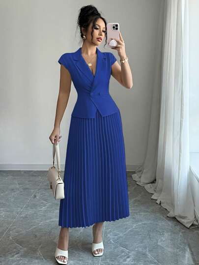 Elenzga 女式简约优雅仿西装领无袖两件套褶皱下摆连衣裙，通勤，春夏季