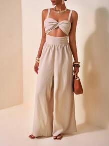 Zivah 2025新款春夏休闲度假扭纹吊带镂空后背纹理面料女长款阔腿裤卡其色婚礼季音乐节派对街头沙滩海边度假波西米亚风-A - 卡其色 - 查看 3