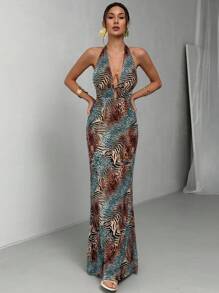 Aloruh Váy đi biển hở lưng in họa tiết động vật & sọc nhuộm loang màu lãng mạn, ôm sát, gợi cảm, hở gấu - Màu vàng - Xem 4