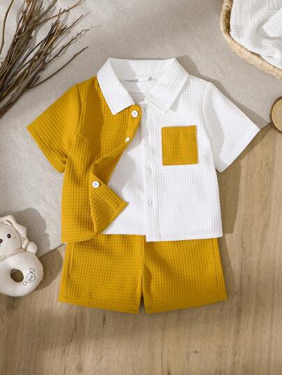 Vintaside Kids 베이비 보이 장식된 패치 포켓 라펠 반팔 가디건 및 반바지 세트