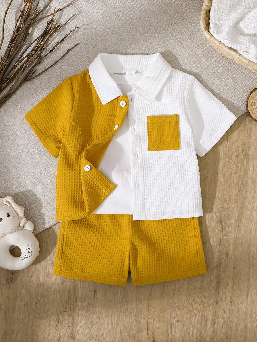 Vintaside Kids 男婴装饰贴袋翻领短袖开衫和短裤套装 - 黃色 - 查看 1