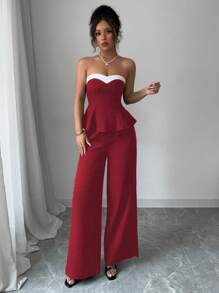 Elenzga 女士拼色抹胸式上衣，荷叶边下摆，搭配优雅两件套裤子