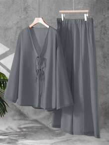 EMERY ROSE 2pcs Plus Size Women's Solid Color Long Sleeve Front Tie Blouse And Pants Two Pieces Casual Set Fall Cloth For Women - Grey - View 1