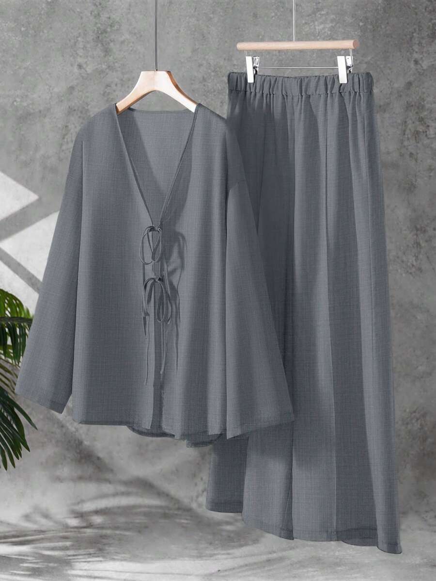EMERY ROSE 2pcs Plus Size Women's Solid Color Long Sleeve Front Tie Blouse And Pants Two Pieces Casual Set Fall Cloth For Women - Grey - View 1