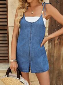 EMERY ROSE Women's Denim Cami Jumpsuit, Casual Vacation Cami Romper, Blue Summer Outfits For Women Casual Summer Outfits Women Denim Rompers For Women Romper Jumpsuit For Women For Women Country Concert Outfit - Light Wash - View 3