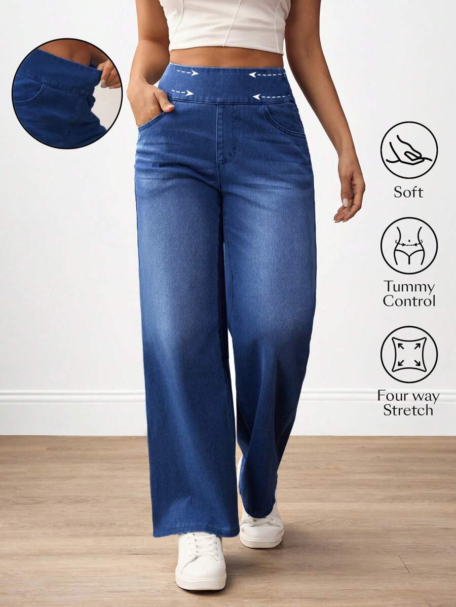 Flexra Damen hohe Taille Weite Bein Loose Lässig Jeans mit Taschen