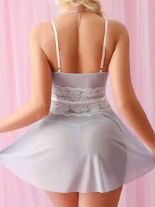 Wedding 2pcs Lace Contrast Mesh Nightgown Set - Sexy Lingerie Set - Blue - View 2