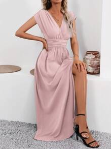 SHEIN Clasi Women's V-Neck Ruched Waist Split Elegant Fashion Dress Maxi Women Outfit - Pink - View 7