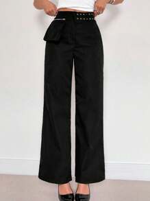 Roylia Women's Black Fashion Casual Metal Buckle Waist Utility Pants Fall Cloth For Women - Black - View 1