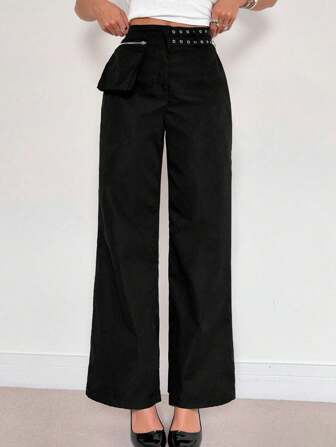 Roylia Women's Black Fashion Casual Metal Buckle Waist Utility Pants Fall Cloth For Women