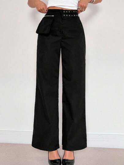 Roylia Women's Black Fashion Casual Metal Buckle Waist Utility Pants Fall Cloth For Women