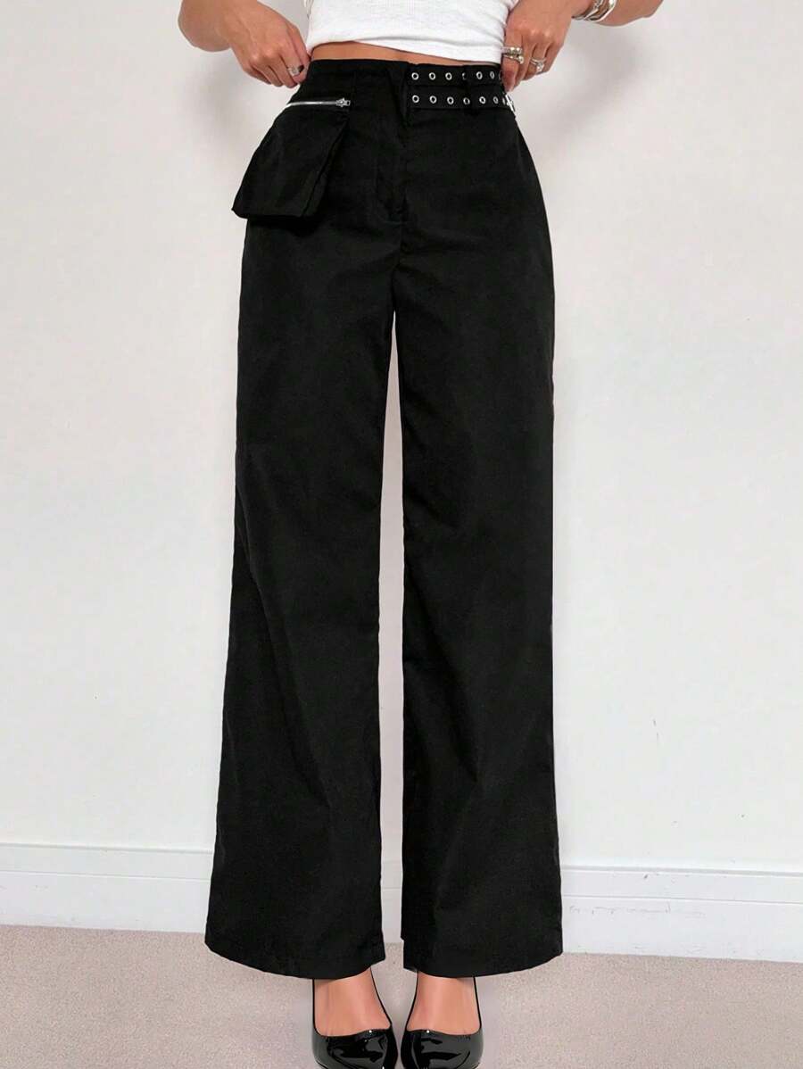 Roylia Women's Black Fashion Casual Metal Buckle Waist Utility Pants Fall Cloth For Women - Black - View 1
