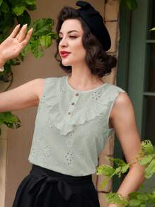 Vintamour 复古休闲度假女式白色蕾丝边衬衫，春夏外出上衣 Cottagecore 女式上衣圆领度假女式夏季抹胸女式度假夏季上衣节日 1960 年代母亲节夏季上衣节日教师