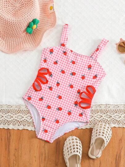 بذلة سباحة قطعة واحدة للفتاة الصغيرة بطباعة الفراولة والقماش المربع