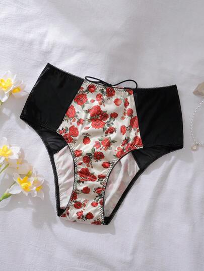 Ropa interior con estampado floral romántico y pastoral, con diseño de corte, pliegues, tirantes cruzados, cordón, ojetes metálicos, tanga, talla grande, en negro y albaricoque