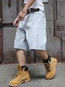 Manfinity EMRG Men's Light Wash Denim Bermuda Shorts With Zipper Details - Light Wash - View 8