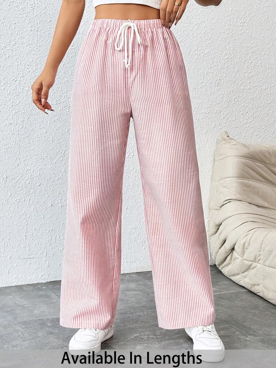 SHEIN PETITE CURVE Plus Size Casual Striped Drawstring Waist Straight Leg Pants - Pink - View 1