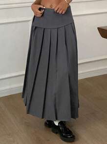 DAZY 纯色中长款百褶休闲夏季女裙 - 灰色 - 查看 3