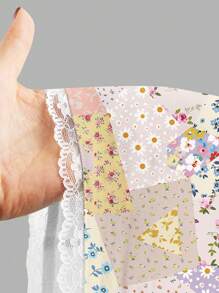 SHEIN MOD Ditsy Floral Elastic Waist Drawstring Tie-Up Lace Patchwork Shorts - Multicolor - View 4