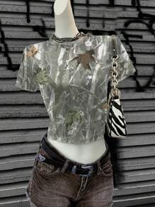 Attitoon Camiseta de cuello redondo de manga corta con ajuste ceñido, estampado de camuflaje con hojas en estilo vintage, para mujer, estilo callejero de verano