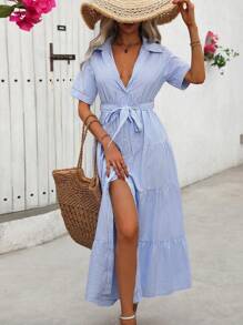 SHEIN PETITE Women's Casual Vacation Blue Striped Polo Collar Short Sleeve Self-Tie Belt Maxi Swing Dress