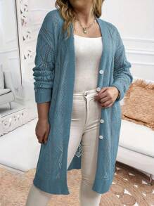 Calvaya Plus Size Women Single Breasted Casual Loose Long Cardigan, Textured Knitted For Summer Beach Vacation - Blue - View 3
