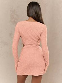 MISSGUIDED Textured Stretchy Cut Out Long Sleeve Mini Party Dress With High Square Neckline And Ruched Details Perfect For Club Night Date Night Spring Summer Fashion - Baby Pink - View 2