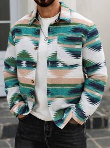 Manfinity Homme Men's Casual Woven Fabric Shacket With Geometric Print Long Sleeves And Collared Neckline - Multicolor - View 6