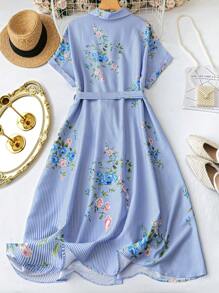 SHEIN Clasi Court Retro  Plus Size Striped Sleeve Printed Cross Tie Front Blouse Dress Maxi Holiday Beach Suit Women