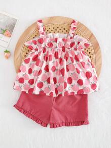 Cozy Pixies Baby Girl Strawberry Pattern Camisole Top And Solid Color Elastic Waist Shorts 2 Pieces Set