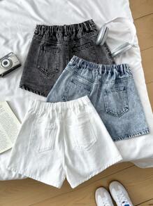 SHEIN Teen Girl Spring Summer Beach Boho Holiday 3 Pieces Solid Light Washed Ripped Raw Hem Casual Baggy Denim Shorts, Summer Concert Rave Festival,Graduation, Summer Brunch, Vacation,Country Concert