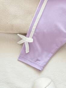 2 Stücke/Set Kleinkind Mädchen lila Kurzarm Top und Hose Lässig Sportanzug, verziert mit Schleife und Schleife, geeignet für Kleinkind Mädchen im Sommer, vielseitig kombinierbar