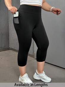 SHEIN PETITE CURVE 大码休闲百搭纯色紧身裤 - 黑色 - 查看 1