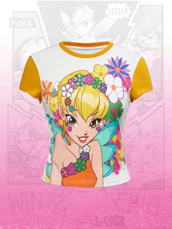 Winx Club X ROMWE Maglietta a maniche corte da donna con grafica colorblock e scollo tondo, per primavera/estate