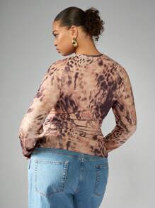MISSGUIDED PLUS Plus Size Snake Print Ruched Long Sleeve Top Asymmetric Design Autumn Winter Party Club Fashion Animal Print Fitted Gathering Detail - Multicolor - View 2